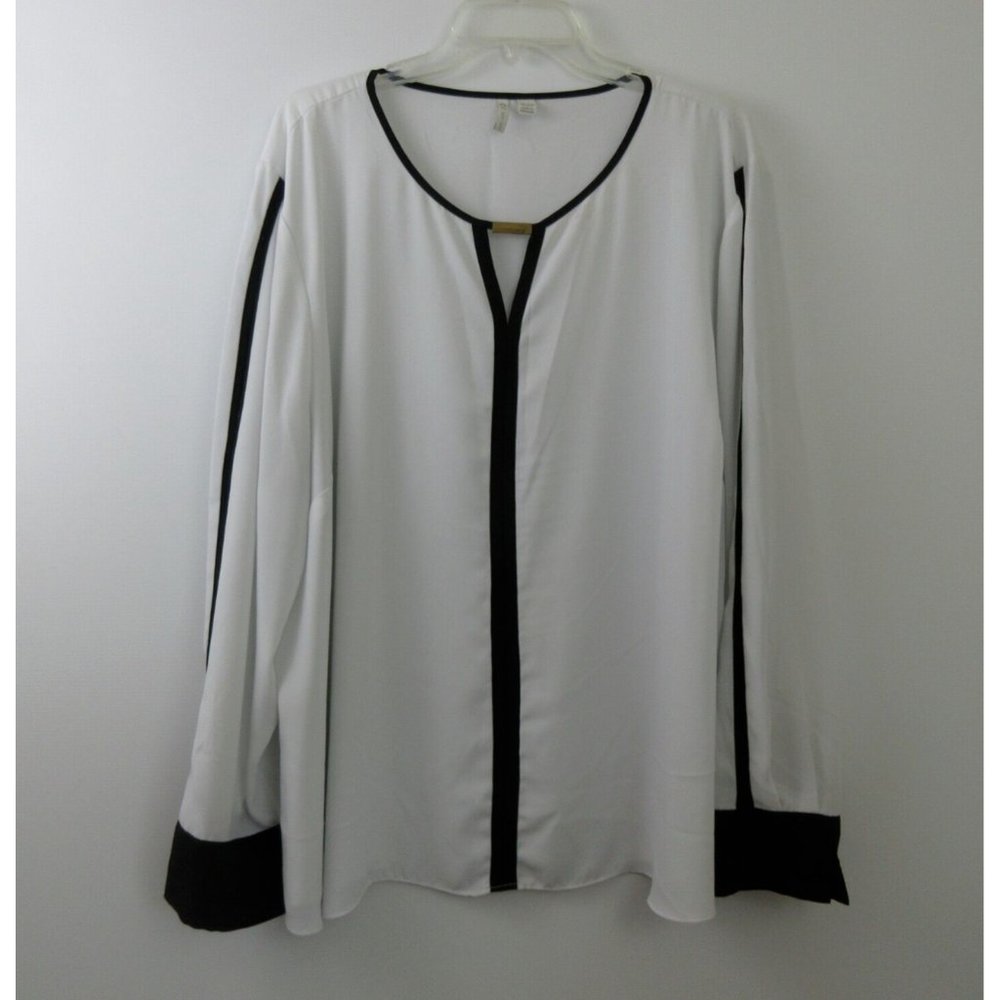 CATO Dressy Tunic Top Sz 26/28W White w/ Black Trim & Cuffs Slit Sleeve V-Neck